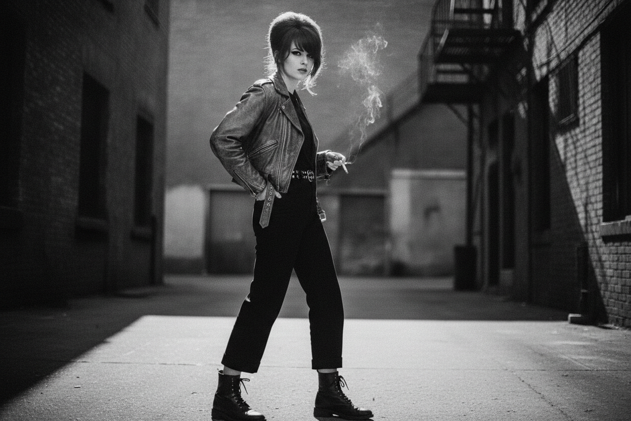 imagen retro de chica con pose rebelde imagen en blanco y negro